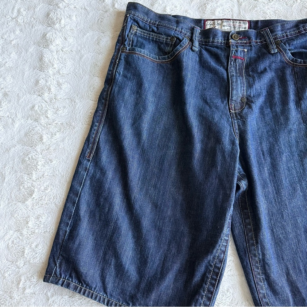 Artful Dodger Denim Shorts Jorts Mens 38 Blue Skull Embroidered Baggy Loose Y2K - Picture 6 of 13